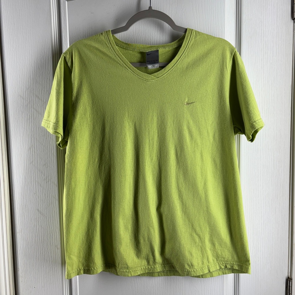 Nike Womens V-Neck T-Shirt XL Lime Green Short Sleeve Embroidered Swoosh Logo